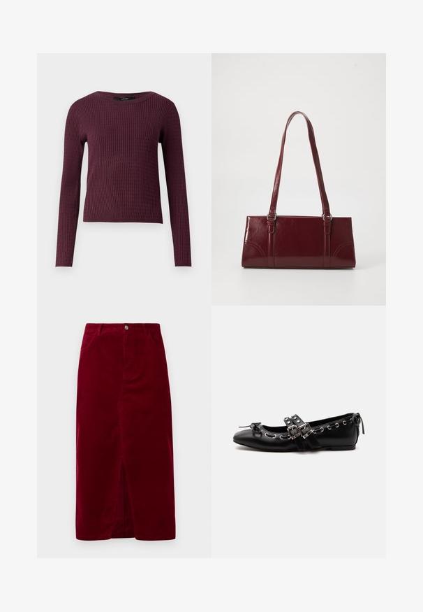 Langærmet sweater i mørk burgundy med struktur og ribbet tekstur, rund halsudskæring og tætsiddende design. Let strikket stof.; Bordeaux kordfløjl nederdel med lige pasform, frontslids, bæltestropper og to lommer, med en frontknaplukning.; Sort flad balletsko med dobbelt spænde, sølvøjer og en lille sløjfe nær den runde tå på en hvid baggrund.; Bordeaux håndtaske lavet af glansfuldt materiale, rektangulær form, med to skulderremme og subtile buede detaljer på forsiden.