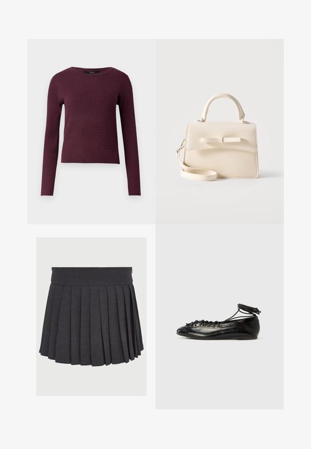 Langærmet sweater i mørk burgundy med struktur og ribbet tekstur, rund halsudskæring og tætsiddende design. Let strikket stof.; Grå plisseret nederdel med flad talje og lynlås, lavet af et struktureret stof med jævnt fordelte dybe plisseringer.; Sorte balletflade sko i laklæder med rundet tå, snørelukning og flad sål. Glat tekstur med få detaljer.; Lille beige håndtaske med top-håndtag, aftagelig rem, forreste klap og dekorativ vandret sløjfe på en ensfarvet baggrund.
