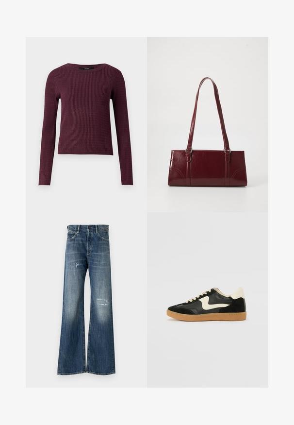 Tumes burgundi värvi pikkade varrukatega kampsun, millel on soonikstruktuur, ümar kaelus ja keha lähedal istuv disain. Kerge kudum.; Tumedat denim püksid laia säärega, millel on kulunud disain frakside ja kerge pleekimisega. Klassikaline viie-tasku stiil.; Must musta ja nahast sneakersid, millel on koorevärvi külgsuund ja hele koorik. Omab beeži paelu ja kummi kummist välistalla.; Burgundia värvi käekott, mis on valmistatud läikivast materjalist, ristküliku kujuline, kahe õlapaelaga ning ees on peened kaarjad aktsendid.