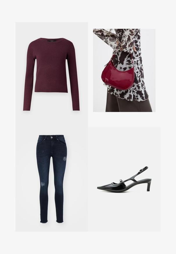 Langärmliger Pullover in dunklem Burgunderrot mit strukturiertem Rippenmuster, rundem Ausschnitt und figurschmeichelndem Design. Leichter Strickstoff.; Dunkelblaue Skinny-Jeans aus Denim, mit Rissen an den Knien, fransigem Saum, fünf Taschen und Knopfverschluss.; Schwarzer Slingback-Schuh aus Lackleder mit spitzer Kappe, niedrigem Absatz und zwei verstellbaren Schnallenriemen, seitlich dargestellt.; Frau trägt eine schwarz-weiß gemusterte Bluse und hält eine glänzende rote Schultertasche vor einem einfarbigen Hintergrund.