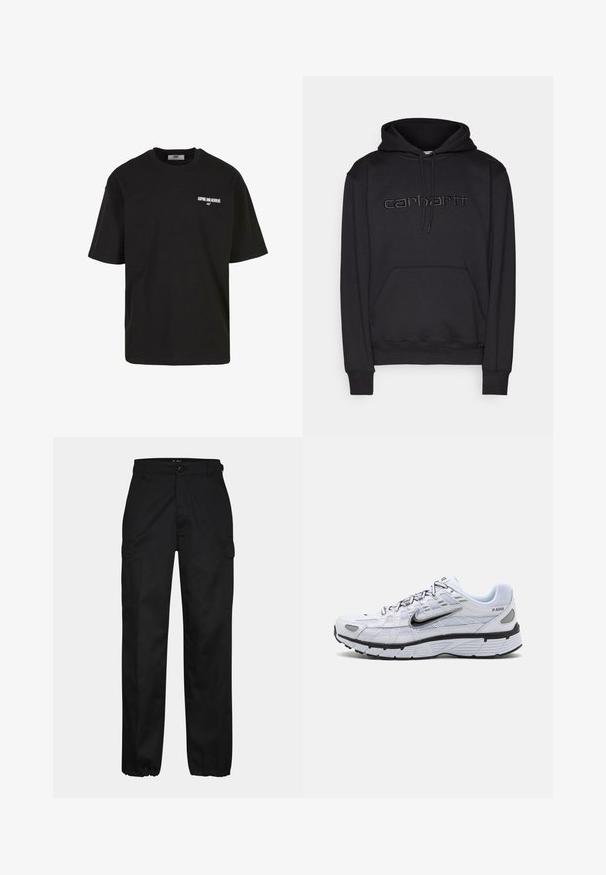Carhartt WIP HOODED - Sweat à capuche - black; T-shirt en coton noir à manches courtes, col rond, avec le texte blanc "ASPIRE AND ACHIEVE" sur la zone gauche de la poitrine. Design simple et épuré.; Pantalons cargo noirs avec une coupe droite, dotés de poches latérales, d'une fermeture à bouton et de poignets élastiques aux chevilles. Fabriqués en tissu résistant.; Baskets de course blanches avec une tige en mesh, bout arrondi, accents noirs et semelle à motif. Comprend des lacets et une marque sur le côté.