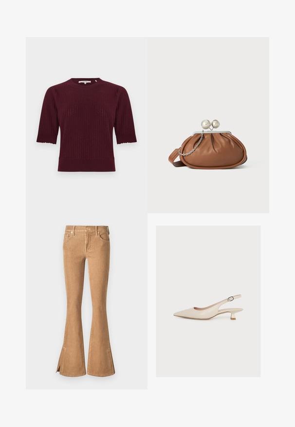 Haut en maille bordeaux avec manches courtes côtelées, encolure ronde et motif texturé. Présente un bord festonné aux ourlets des manches.; Jean en velours côtelé marron évasé avec une taille haute, des poches à l'avant et des fentes au niveau de l'ourlet. Tissu texturé avec un motif en côtes.; Chaussure slingback beige à bout pointu avec un petit talon kitten et une bride cheville avec une petite boucle, présentée sur un fond blanc uni.; Pochette en cuir marron avec un fermoir à boule en argent et un petit détail en chaîne argentée sur fond blanc.