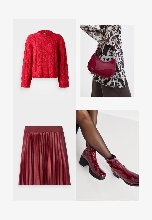 Rød kabelstrikket sweater med rund halsudskæring, lange ærmer og en cropped design. Materialet virker blødt og har et mønstret tekstur.; Plisseret nederdel lavet af skinnende, burgunder stof med en bred, elastisk talje. Længden er over knæet, med lodrette plisseringer over det hele.; Røde ankelstøvler i patenteret læder med en kraftig sort hæl og lynlåsdetalje. Glat tekstur, elegant design med en rund tå.; Kvinde iført en sort- og hvidmønstret bluse, der holder en blank rød skuldertaske mod en ensfarvet baggrund.