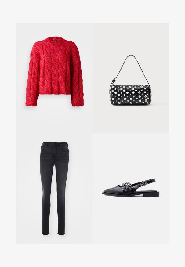 Rød kabelstrikket sweater med rund halsudskæring, lange ærmer og en cropped design. Materialet virker blødt og har et mønstret tekstur.; Slankt fit sorte jeans lavet af denim, med høj talje, fem-lomme design, subtil falmning og lige silhuet.; Sort læder spaet tå slingback flad med tre spændestropper og sølvhardware på hvid baggrund.; Sort læderhåndtaske med rund form, dekoreret med sølvnitter. Har en aftagelig rem og lynlås. Glat tekstur.