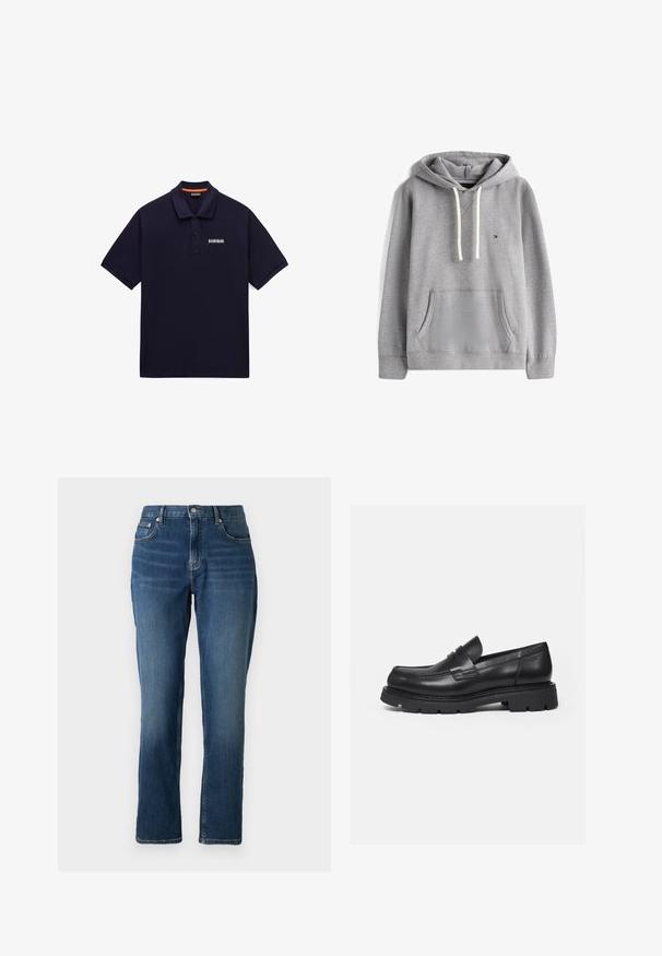 Sweat à capuche gris avec cordon de serrage, poche avant et poignets côtelés. Présente un petit logo sur la poitrine gauche. Matière en mélange de coton doux.; Polo bleu marine à manches courtes avec patte à deux boutons et petit écusson blanc avec logo sur la poitrine gauche.; Jeans en denim bleu foncé avec une coupe droite, un design à cinq poches, une fermeture à bouton et à glissière, et un léger délavage près des cuisses.; Mocassin en cuir noir avec semelle épaisse crantée et détail de bride penny, présenté en profil droit sur fond blanc.