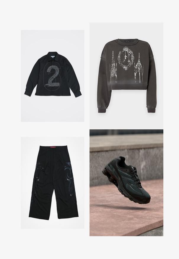 Sweat-shirt gris court avec une finition texturée, présentant un motif graphique blanc d'édifices ornés et d'une horloge au centre.; Chemise noire à manches longues avec boutons, ornée d'un grand numéro 6 en contour et d'un design texturé du numéro 2 en texte blanc sur le devant.; Pantalon noir à jambes larges avec un devant plissé, présentant des motifs tribaux noirs brillants sur les côtés et une ceinture rouge de marque.; Baskets athlétiques noires avec une semelle intercalaire à coussin d’air visible flottant au-dessus d’une surface en pierre rose avec un mur en pierre gris en arrière-plan.