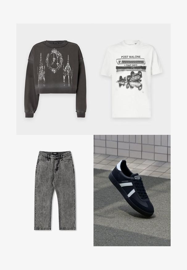 Sudadera gris recortada con un acabado texturizado, que presenta un diseño gráfico blanco de estructuras ornamentadas y un reloj en el centro.; Camiseta blanca de algodón con un gráfico negro de un coche boca abajo con el texto "POST MALONE" y "LONG.BED" en negrita. Diseño de ajuste regular.; Jeans de mezclilla gris con un acabado desgastado, diseño de pierna recta y estilo de cinco bolsillos. Presenta una etiqueta con "FORMER" en la cinturilla.; Zapatilla de cuero negra con rayas blancas, suela de goma texturizada y parte frontal con cordones. Cuenta con una etiqueta de marca en la lengüeta.