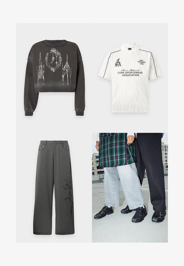 Grå croppet sweatshirt med en tekstureret finish, med et hvidt grafisk design af udsmykkede strukturer og et ur i midten.; Hvid kortærmet sports-polo med sort piping på skuldrene, diskret zebramønster og sorte tekstlogoer med teksten "Core Sportswear Association" og "World Performance Studio."; Bredbenede, mørkegrå stofbukser med striber, som har forlommer og et sort dekorativt print på venstre side.; Sorte atletik sko med mesh- og gummidetaljer. Båret med lysegrå vide jeans og en ternet grøn bluse. Flad overflade i baggrunden.