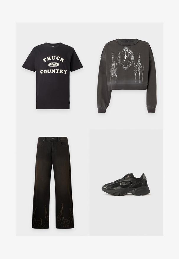 Grå croppet sweatshirt med en tekstureret finish, med et hvidt grafisk design af udsmykkede strukturer og et ur i midten.; Sort bomulds t-shirt med korte ærmer, der har teksten "TRUCK COUNTRY" i cremefarvet og et Ford-logo designet centralt foran.; Sorte denim jeans med vide ben og en tekstureret, slidt finish. Bemærkelsesværdige broderede detaljer, der ligner gevir ved manchetterne. Knappelukning og lynlås.; Sorte atletiksko med mesh og syntetisk overdel, buet sål, polstret krave og subtile logoaccenter. Teksturerede detaljer på sidestykkerne.