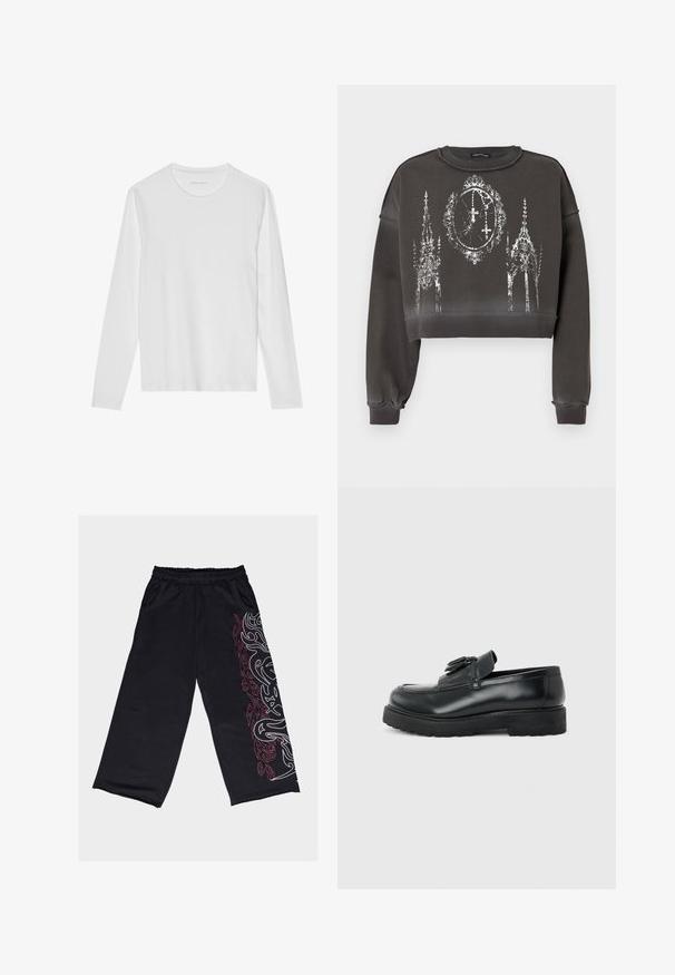 Grå croppet sweatshirt med en tekstureret finish, med et hvidt grafisk design af udsmykkede strukturer og et ur i midten.; Langærmet hvid T-shirt lavet af blød bomuld, med rund halsudskæring og en glat tekstur uden synlige mønstre eller accenter.; Sorte bukser med vide ben lavet af blødt stof. Har et hvidt og rødt tribal-design ned langs venstre side, med elastisk talje og lommer.; Sort læderloafer med kvaster, tyk gummisål og lav hæl, vist i sideprofil på en ensfarvet baggrund.