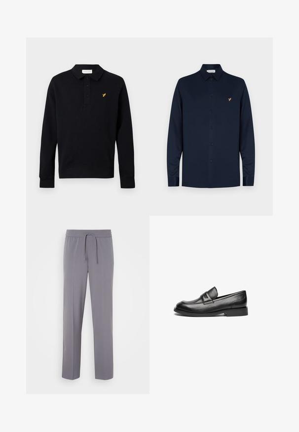 Schwarzes langärmeliges Poloshirt mit drei Knöpfen und einem kleinen gelben Vogel-Logo auf der linken Brust vor einem einfarbigen Hintergrund.; Marineblaue Langarmbluse aus glattem Stoff, mit einem Button-Down-Kragen, schwarzen Knöpfen und einem kleinen goldenen Vogel-Logo auf der Brust.; Graue, dehnbare Hosen mit flacher Vorderseite, elastischem Bund und Kordelzug, mit geraden Beinen und glatter Textur.; Schwarze Lederloafers verfügen über eine abgerundete Zehenpartie, eine genähte Naht über der Oberseite und eine flache Gummisohle. Glatte Oberfläche ohne sichtbare Muster.