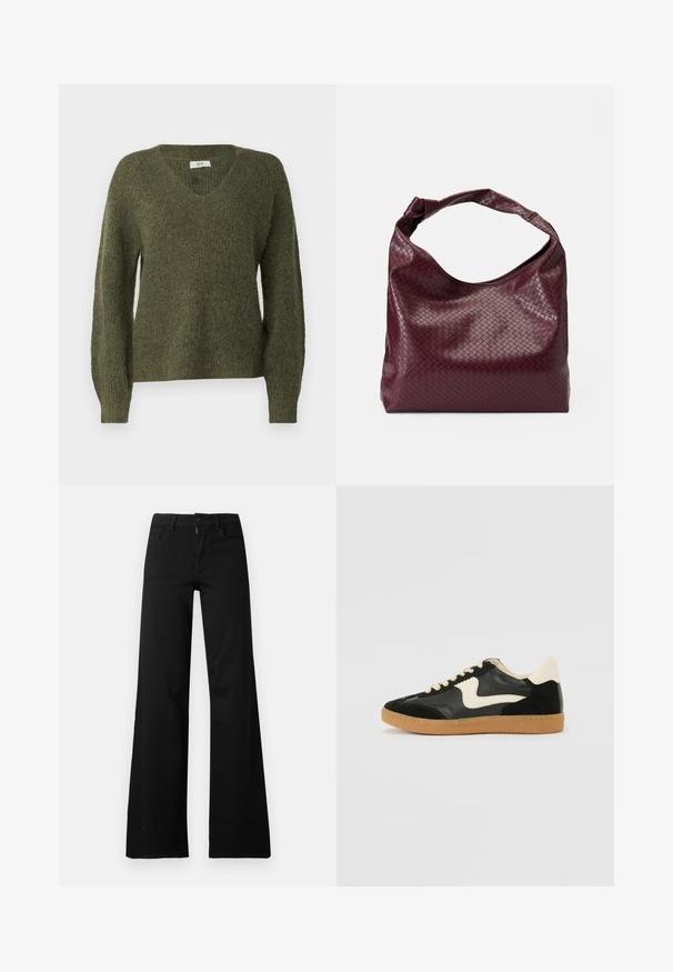 JDY JDYINGEBORG ADA LIFE V-NECK - Strickpullover - winter moss; Schwarze hoch taillierte Hose mit weitem Bein, vorne mit Knopf- und Reißverschluss, Gürtelschlaufen und Vordertaschen auf weißem Hintergrund.; Schwarze Wildleder- und Leder-Sneaker mit einem cremefarbenen Seiten-Swoosh und einer hellcremefarbenen Ferse. Ausgestattet mit beige Schnürsenkeln und einer Gummilaufsohle.; Bordeauxfarbene Tasche mit einer strukturierten, gewebten Musterung, weichem Leder und einem einzelnen, verknoteten Griff. Geräumiges Hobo-Design.