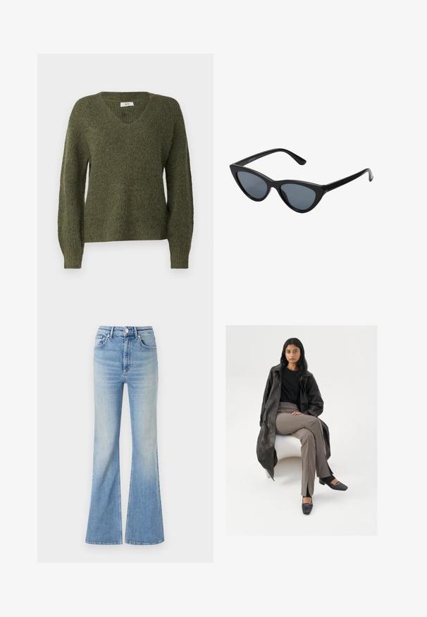 JDY JDYINGEBORG ADA LIFE V NECK - Svetrík - winter moss; Svetlomodré rozšírené džínsy vyrobené z denimu, s vysokým pásom, päťpokladňovým dizajnom a jemným gradientným vyblednutím smerom k spodnému okraju.; Čierny kožený trench coat, čierna košeľa, béžové nohavice s vysokým pásom, čierne topánky so štvorcovou špičkou a striebornou prackou, sedenie na bielej stoličke.; Čierne slnečné okuliare v štýle mačacích očí s tmavošedými sklami, elegantným plastovým rámom, špicatými rohmi a rovnými stranami. Bez viditeľného hardvéru alebo akcentov.