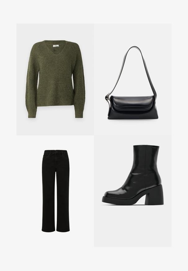 JDY JDYINGEBORG ADA LIFE V NECK - Svetrík - winter moss; Čierne rovné džínsy s vysokým pásom, obsahujúce predné vrecká, s uzáverom na gombík a čistými líniami bez ozdôb.; Čierne členkové topánky s lesklým povrchom, štvorcovou špičkou a širokým blokovým opätkom. Dizajn sa vyznačuje bezšvovou siluetou a minimálnym brandingom.; Čierna kožená kabelka so štruktúrovaným tvarom, hladkou textúrou a jedným ramenným popruhom. Obsahuje jemný, zaoblený dizajn klapky.