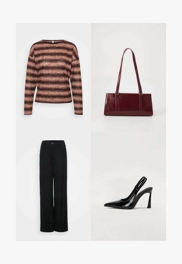 Pull long à rayures marron et rose, en tissu doux et texturé, avec un large col et une coupe décontractée.; Pantalons noirs à jambes larges avec une texture lisse, dotés d'une fermeture à bouton et de poches avant. Design classique et polyvalent, idéal pour diverses occasions.; Escarpin en cuir verni noir à talon aiguille, à bout pointu, avec une sangle élastique double pour un maintien sécurisé. Surface lisse et brillante.; Sac à main bordeaux en matériau brillant, de forme rectangulaire, avec deux anses et des accents légèrement courbés à l'avant.