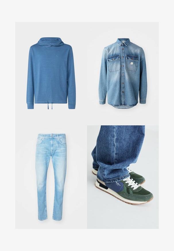 Sudadera ligera azul con un ajuste relajado, cordón en el dobladillo y una sutil marca. Textura suave con mangas largas y cuello con capucha.; Camisa de mezclilla azul claro con mangas largas, dos bolsillos en el pecho, cierre de botones en la parte delantera y los bordes de los bolsillos de un color más oscuro. Presenta un dobladillo redondeado.; Vaqueros de denim azul claro con corte recto, con dos bolsillos frontales y cierre de botón. Apariencia deslavada con textura sutil.; Zapatillas verdes y navy con detalles de malla y ante, cordones blancos y suela beige. Llevadas con jeans de mezclilla azules, mostrando la zona del tobillo.