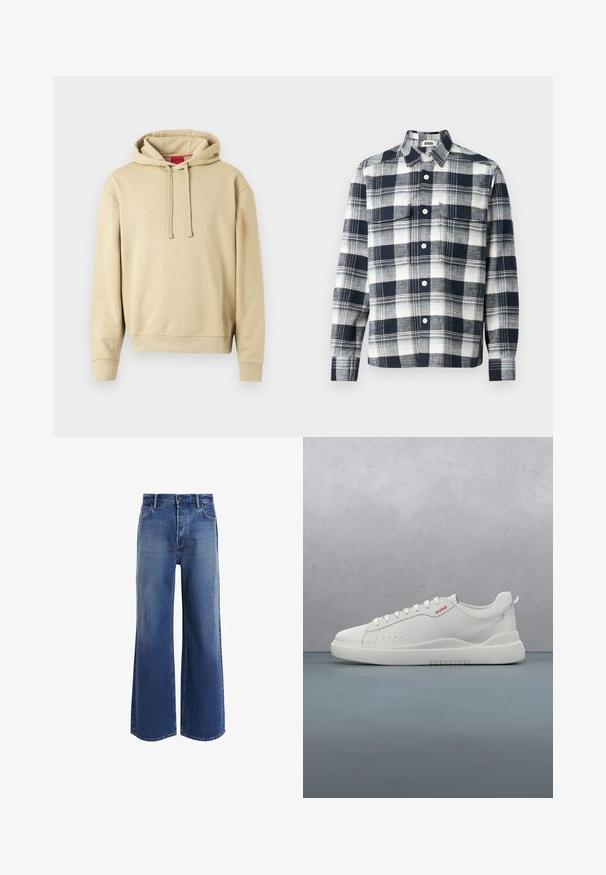 Beige hooded sweatshirt met trekkoorden en ribgebreide manchetten, met een klein logo op de borst en een rood label binnenin de kraag.; Geruit overhemd van stof in marineblauw en wit. Voorzien van een button-down kraag, een borstzak en lange mouwen.; Hoge taille wijde jeans van middelblauwe denim, met een klassiek vijf-pocket ontwerp, lichte vervaging en rafelige zoomdetails.; Witte sneaker met een gladde leren afwerking, ronde neus, vier veterogen, subtiele perforaties en een rood logo detail aan de zijkant.