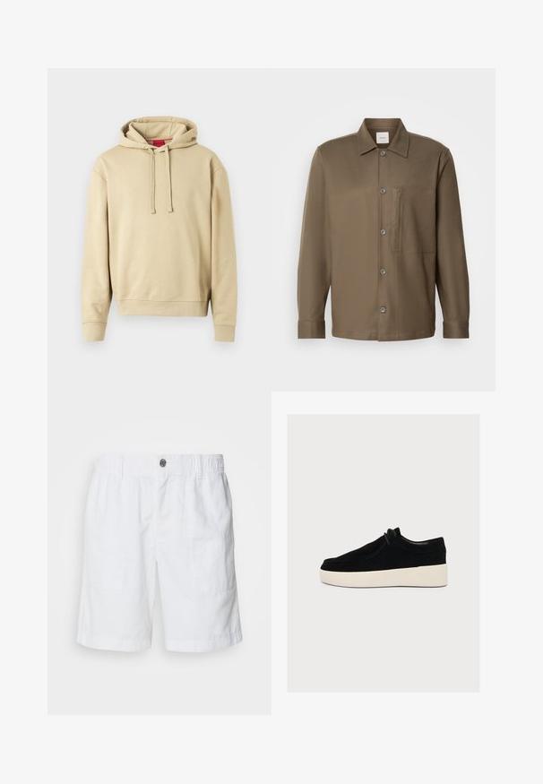 Sudadera con capucha beige, con cordones y puños de canalé, que presenta un pequeño logo en el pecho y una etiqueta roja en el interior del cuello.; Camisa marrón de botones con cuello, mangas largas, un bolsillo en el pecho y textura suave. Presenta botones grises en el delantero.; Shorts de lino blanco con una cintura elástica y un botón de metal. Presenta dos bolsillos laterales y un diseño de corte relajado.; Zapato negro de ante con cordones, suela blanca gruesa, altura baja en el tobillo y costuras mínimas sobre un fondo claro.