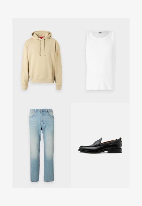 Sweat-shirt à capuche beige avec cordons de serrage et poignets côtelés, présentant un petit logo sur la poitrine et une étiquette rouge à l'intérieur du col.; Débardeur en coton blanc sans manches avec un col rond et une texture lisse. Design simple, sans motifs ni accents.; Jeans bleu clair fabriqués en denim, présentant un design à jambe droite, une structure à cinq poches et un effet délavé au niveau des cuisses.; Mocassin homme en cuir noir avec couture moc toe, bride penny, col texturé et petit talon empilé sur fond blanc.