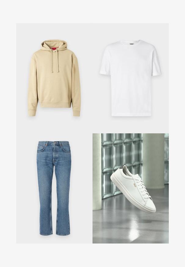 Beige hættetrøje med snoretræk og ribbede manchetter, der har et lille logo på brystet og et rød mærke inden i kraven.; Hvid bomulds T-shirt med rund hals, korte ærmer og oprevet manchetter; enkel design, blød tekstur og lige snit.; Lys blå denim jeans med lige snit, fem-lomme design og kontrasterende syninger. Stof har en blød tekstur og let falmning.; Hvid læder lav-top sneaker med snørebånd, sort hælflig og "BOSS"-logo, svævende indendørs nær glasblok væg og poleret gulv.