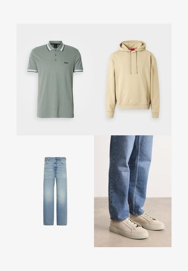 Beige hooded sweatshirt met trekkoorden en ribgebreide manchetten, met een klein logo op de borst en een rood label binnenin de kraag.; Lichtgroene polo met een klassieke kraag, drie knopen aan de voorkant en gestreepte accenten op de mouwen. "BOSS" logo op de borst.; Lichtblauwe rechte spijkerbroek met subtiele vervaging en kleine beschadigde plekjes vlak bij de onderzoom aan beide pijpen.; BOSS GARYTENN_SDHDEL - Sneakers laag - natural ten