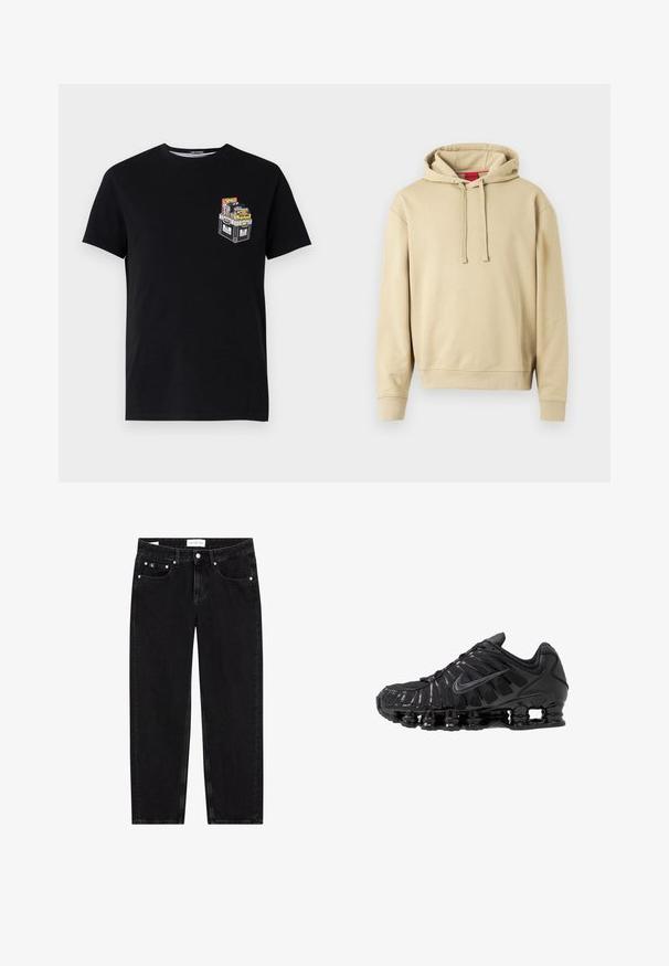 Beige hooded sweatshirt met trekkoorden en ribgebreide manchetten, met een klein logo op de borst en een rood label binnenin de kraag.; Zwarte katoenen t-shirt met korte mouwen, voorzien van een kleine graphic van een crate gevuld met kleurrijke items op de linkerkant van de borst.; Zwarte denim jeans met een rechte pasvorm, een licht verwassen textuur, vijf zakken en zilveren hardware details. Label op de tailleband.; Zwarte sportschoenen gemaakt van mesh en synthetische materialen, met een opvallend golvend ontwerp, zwarte rubberen zool en reflecterende accenten.