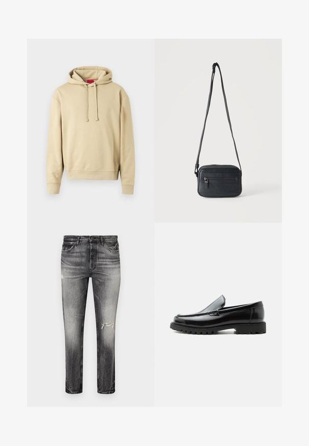 Sweat-shirt à capuche beige avec cordons de serrage et poignets côtelés, présentant un petit logo sur la poitrine et une étiquette rouge à l'intérieur du col.; Jean en denim noir décoloré avec une coupe droite, présentant des zones effilochées, des poches avant et une fermeture à bouton classique.; Mocassin en cuir noir avec semelle en caoutchouc épaisse, dessus cousu et nom de marque embossé sur le talon, présenté de profil sur fond blanc.; Sac bandoulière noir avec une poche zippée à l'avant, surface texturée et bandoulière réglable suspendu sur un fond clair uni.