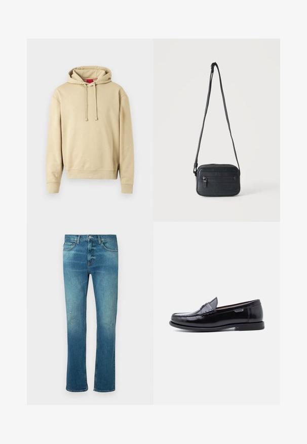 Beige Kapuzenpullover mit Kordelzügen und gerippten Bündchen, mit einem kleinen Logo auf der Brust und einem roten Etikett im Kragen.; Blaue Jeans aus Denim mit geradem Schnitt, ausgestattet mit einem leichten Verwaschungseffekt, leichten Abnutzungen an den Knien und klassischem Fünf-Taschen-Design.; Schwarze Leder-Loafer mit glänzendem Finish, mit einer gesteppten Verzierung auf der Zehenpartie und einer niedrigen, strukturierten schwarzen Gummisohle.; Schwarze Umhängetasche mit vorderer Reißverschlusstasche, strukturierter Oberfläche und verstellbarem Riemen, die vor einem schlichten hellen Hintergrund hängt.