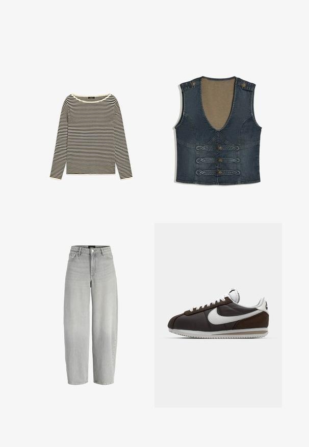 Sort og hvid langærmet trøje med vandrette striber og rund hals på hvid baggrund.; Mørk denim ærmeløs vest med dyb V-hals, tre dekorative knapper foran og flettet kant samt knaplukning på skulderstropperne.; Lysegrå højtaljede jeans med vide ben, frontknapper og lynlås, bæltestropper og forlommer.; Brune og grå Nike sneakers med hvide accenter; læder- og ruskindsmaterialer; teksturerede såler; grå snørebånd; klassisk retrodesign.