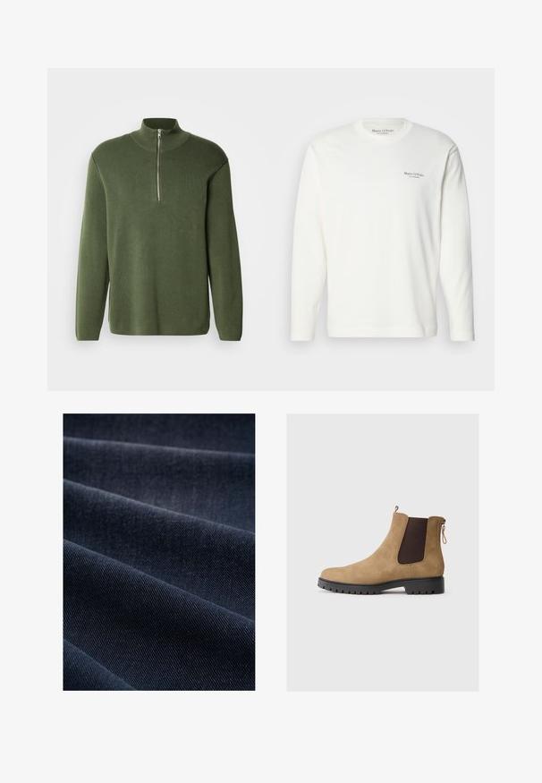 Grøn strikket pullover med høj, lynlåslukket krave, lange ærmer og afslappet pasform. Har en glat tekstur og minimalistisk design.; Hvid langærmet bomuldsskjorte med rund halsudskæring, som har et lille navyblåt logo på brystet. Glat tekstur og normal pasform.; Mørkeblå denimstof med en ribbet tekstur, der viser folder og bølger, hvilket fremhæver dens vægt og holdbarhed.; Tan ruskind ankelstøvle med en rund tå, elastiske sidepaneler, en bageste løftestrop og en tekstureret gummisål for godt greb.