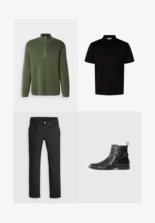 Grøn strikket pullover med høj, lynlåslukket krave, lange ærmer og afslappet pasform. Har en glat tekstur og minimalistisk design.; Sort kortærmet polo skjorte med krave og to knapper ved halsudskæringen, vist på en ensfarvet hvid baggrund.; Sorte denimbukser med lige ben, der har lynlås i gylpen, fem lommer og metalknapdetaljer. Glat tekstur.; Sorte læder ankelstøvler med rund tå, sidespænde detaljer og en løkkerings på hælen. Flad sål med en subtil glansfinish.