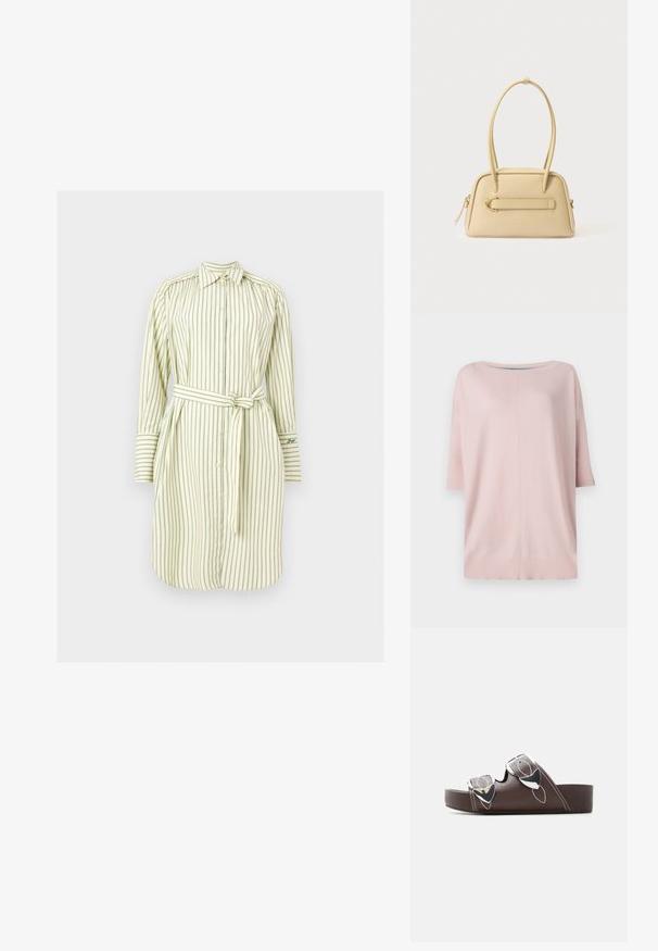 Diane von Furstenberg DIANE SWEATER - Pullover - pink/light blue; Robe chemise à manches longues avec des rayures verticales vertes, boutonnée sur le devant, col pointu, manches à poignets et ceinture assortie nouée à la taille.; Sandale à plateforme marron avec deux brides réglables à boucles argentées et surpiqûres blanches contrastantes, vue de côté sur fond blanc.; Sac à main en cuir jaune avec une forme arrondie, deux poignées, une fermeture éclair et un accent doré sur la sangle avant. Surface texturée.