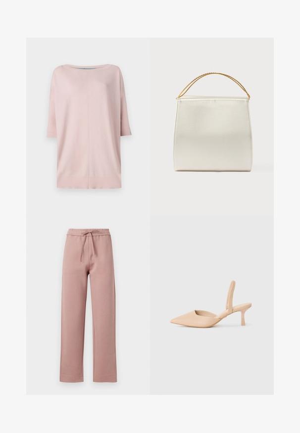 Diane von Furstenberg DIANE SWEATER - Pullover - pink/light blue; Pantalons de jogging en tissu rose doux, avec une taille à cordon de serrage, un design à jambes larges et un ourlet droit avec des détails de couture subtils.; Chausson slingback beige à bout pointu avec un petit talon carré. Matériau synthétique lisse, côtés ouverts et détails de design minimalistes.; Sac à main structuré en finition satinée, de couleur crème, avec une bandoulière chaîne. Présente une texture plate et lisse ainsi que des coutures nettes.