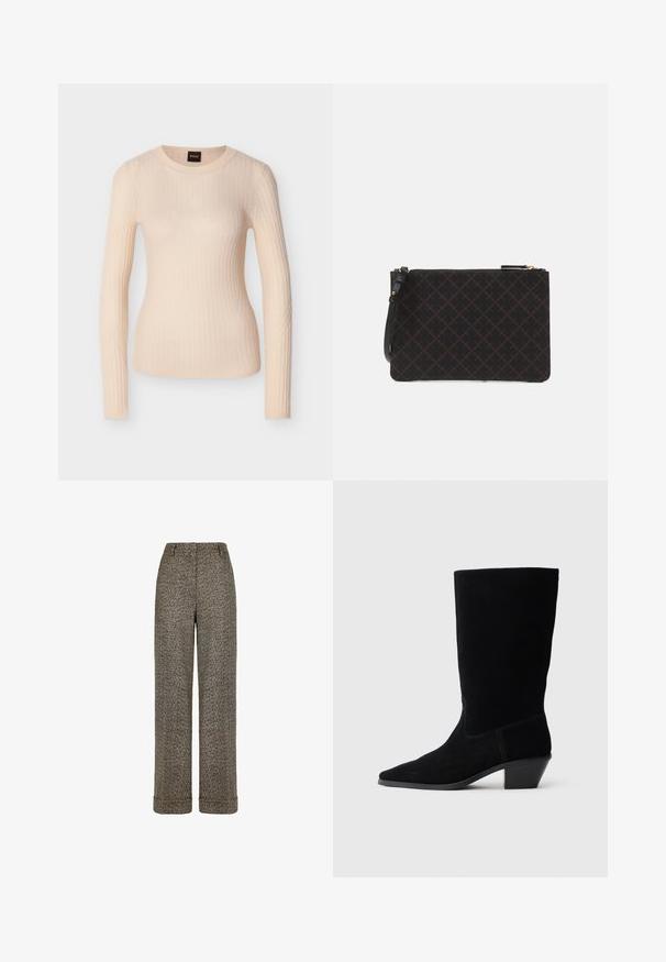 Beige ribstrikket striktrøje med lange ærmer, rund hals og tætsiddende silhuet, mærket med en sort og orange "BOSS"-mærkat ved halsudskæringen.; Brune uld bukser med fiskebenmønster, vidde ben, opbukket kant og detaljer med knapper ved taljebåndet.; Sort ruskind ankelstøvle med spidse tæer, mellemhøj skaft og en chunky hæl. Fuldender et minimalistisk design med lidt syninger og en glat tekstur.; Sort tekstureret clutch-taske med et diamantmønster, der har en lynlåslukning og en aftagelig rem. Guld hardwaredetaljer på lynlåsen.