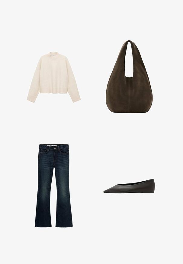 Cremfarbener Pullover aus weichem Material, mit hohem Kragen, überschnittenen Schultern und einem kurzen Design mit gerippten Säumen.; Ausgestellte dunkelblaue Denim-Jeans mit verblassten Akzenten, fünf Taschen und einem rohen Saum. Aus Baumwolle mit einem Knopfverschluss und Gürtelschlaufen gefertigt.; Schwarzer, spitz zulaufender Flachschuh mit niedrigem Absatz und glattem Lederobermaterial, seitlich auf weißem Hintergrund abgebildet.; Weiche dunkelbraune Wildleder-Hobo-Tasche mit breitem einzelnen Riemen und abgerundetem Boden auf weißem Hintergrund.