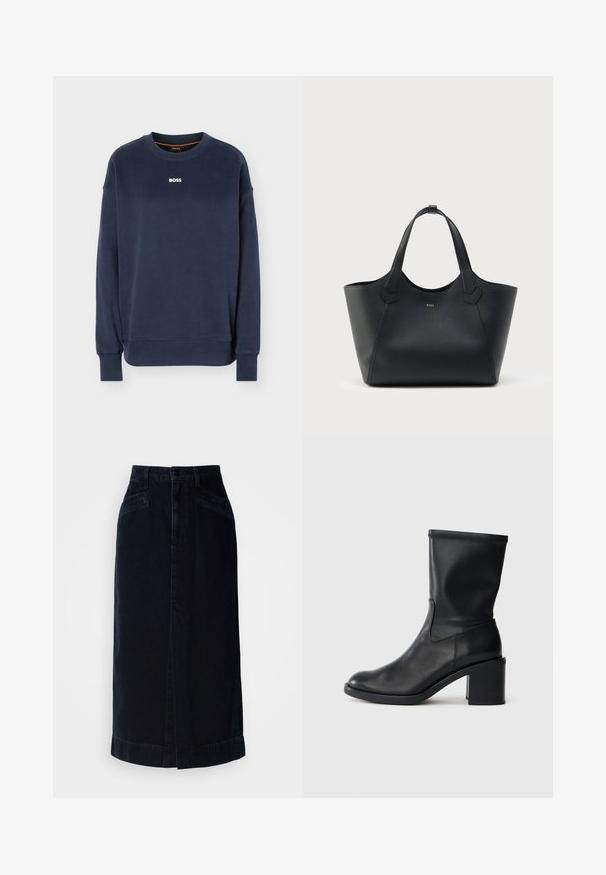 Marineblaue Sweatshirt mit langem Arm und Rundhalsausschnitt, Rippbündchen an Ärmeln und Saum, mit weißem "BOSS"-Logo mittig auf der Brust.; Dunkelblaue Denim-Midikleid mit hoher Taille, vorderem Knopfverschluss und seitlichen Taschen; hat einen geraden Schnitt und dezente Saumdetails.; Schwarze Leder-Ankle Boots mit runder Zehenform, glatter Oberfläche und dicker Absatz, ausgestattet mit einem eng anliegenden Schaft und subtilen Nähten.; Schwarze Leder-Shopper-Tasche mit strukturierter Oberfläche, zwei Griffen und kleinem goldfarbenem "BOSS"-Logo mittig auf der Vorderseite.