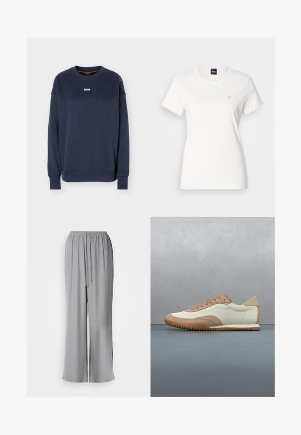 Marineblå langærmet crewneck-sweatshirt med ribstrikkede manchetter og kant, med hvidt "BOSS"-logo centreret på brystet.; Hvid bomulds-T-shirt med rund halsudskæring og korte ærmer. Har en lille broderet logo på brystet. Glat tekstur.; Lys grå vide bukser lavet af blødt stof, med en elastisk talje med snor og subtile diagonale mønstre.; Sneaker i creme og beige med tekstureret overdel, snørebånd og gummisål, vist oven på en træoverflade med småsten.