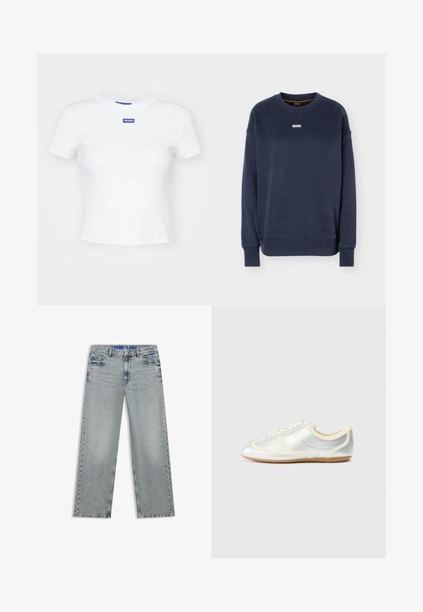 Marineblaue Sweatshirt mit langem Arm und Rundhalsausschnitt, Rippbündchen an Ärmeln und Saum, mit weißem "BOSS"-Logo mittig auf der Brust.; Weißes Baumwoll-T-Shirt mit kurzen Ärmeln, Rundhalsausschnitt und einem blauen rechteckigen Logopatch mit der Aufschrift "HUGO" auf der Vorderseite in der Mitte.; Hellblaue Jeans mit weitem Bein aus Denim, mit ausgewaschenen Stellen, fünf Taschen und einem blauen, gebrandeten Taillenbund.; Silberne, synthetische Sneaker mit cremefarbenen Akzenten, flachem Profil, rundem Zehenbereich und flacher Gummisohle; verfügt über klassische Nahtdetails und Schnürverschluss.