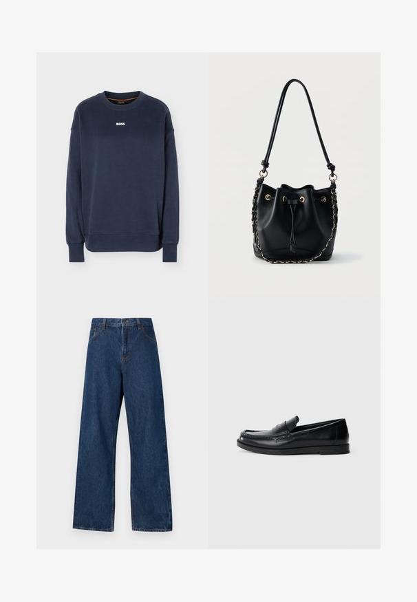 Marineblaue Sweatshirt mit langem Arm und Rundhalsausschnitt, Rippbündchen an Ärmeln und Saum, mit weißem "BOSS"-Logo mittig auf der Brust.; Dunkelblaue weitgeschnittene Jeans aus Denim mit klassischem Fünf-Taschen-Design. Mit Kontrastnähten und einem Frontknopfverschluss.; Schwarze Lederloafers mit einem gestickten Akzentdesign, runder Zehenform, flacher Gummisohle und einer glatten Oberfläche. Klassische, vielseitige Silhouette.; Schwarze Leder-Bucket-Bag mit Kordelzugverschluss, goldenen Ösen, langem Schulterriemen und mit Kettenakzent versehenem Griff vor einfachem Hintergrund.