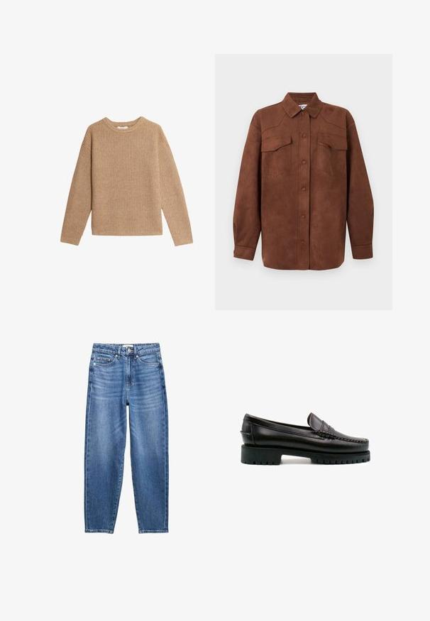 Suéter beige de manga larga tejido con cuello redondo y textura acanalada, colocado plano sobre un fondo blanco.; Chaqueta camisa larga de ante marrón con cierre de botones en el frente y dos bolsillos con solapa en el pecho.; Vaqueros azules de cintura alta con botón delantero y cremallera, cinco bolsillos y corte recto en las piernas.; Mocasín de cuero negro con costuras decorativas y un ligero tacón. Presenta una suela de goma gruesa con ranuras para mayor tracción.