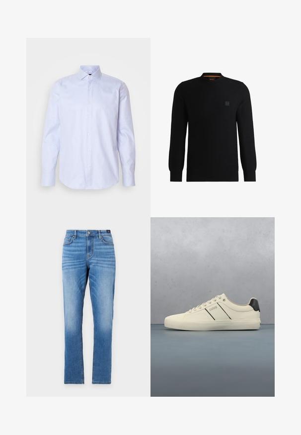 Mustern mustriga mustriga high neckline, ribadega kuppudega ja hemiga. Omab väikest logo plaastrit rinnal ja oranži detaili kaeluses.; Hele sinine pikkade varrukatega särk, millel on ruuduline muster, nööbiga ees ja klassikaline krae. Valmistatud siledast kangast, millel on pehme tekstuur.; Heledad sinine teksapüksid, sirge lõikega, viie tasku jaotusega, ees nupuga kinnitamine ning õrn fade jääb reitel.; Kreemikaalased sneekerid sileda pinnaga, millel on mustad aktsendid ja bränding. Klassikaline paeltega mudel ümmarguse ninaga ja kummist tallaga.