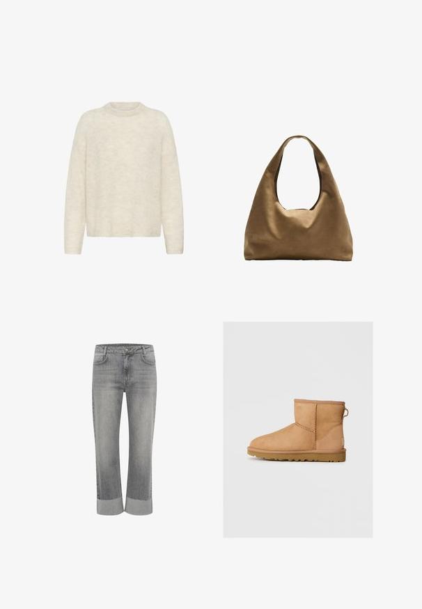 Flødefarvet, strikket sweater med rund halsudskæring, sænkede skuldre og en blød, tekstureret finish. Simpelt design uden mønstre eller accenter.; Grå denim jeans med lige ben, med foldet kant. Klassisk fem-lommestil og lukning med knap foran.; Brune suede ankelstøvle med rund tå, stikninger, en pull tab bagpå og en tekstureret gummisål. Designet til komfort og varme.; Brun stof skuldertaske med en bred, rundet krop og et stort udsnit håndtag. Blød tekstur, minimalistisk design og ingen synlig hardware.