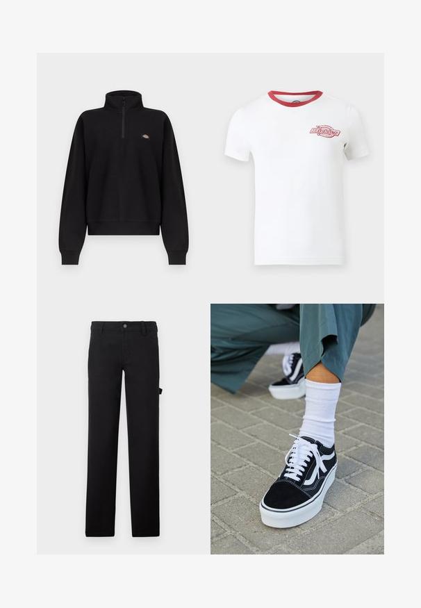Pull-over noir à manches longues avec col à zip court et petit logo multicolore sur la poitrine gauche, poignets et ourlet côtelés.; T-shirt blanc à manches courtes avec bordure rouge au col rond et petit logo rouge Dickies sur la poitrine gauche.; Pantalons noirs en tissu à texture lisse, conçus avec des jambes droites, une fermeture à bouton et une poche latérale.; Baskets en suède noir avec des accents et des lacets blancs, présentant une épaisse semelle blanche et des coutures contrastantes, associées à une chaussette blanche.