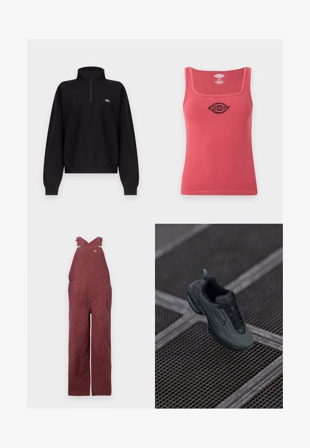 Sort langærmet pullover med kvart-lynlåslukning ved kraven og lille flerfarvet logo på venstre bryst, ribstrikkede manchetter og kant.; Rød ribbet tanktop med firkantet halsudskæring og sort Dickies-logo centreret på brystet, størrelse small.; Vinsmænds overalls lavet af bomuld, med krydsede rygstropper, forlommer og metalhardware-accenter. Glat tekstur og afslappet pasform.; Mørkegrønne og sorte Nike Air sneakers svævende over et metalgittergulv, der fremviser deres designs detaljer fra siden og ovenpå.