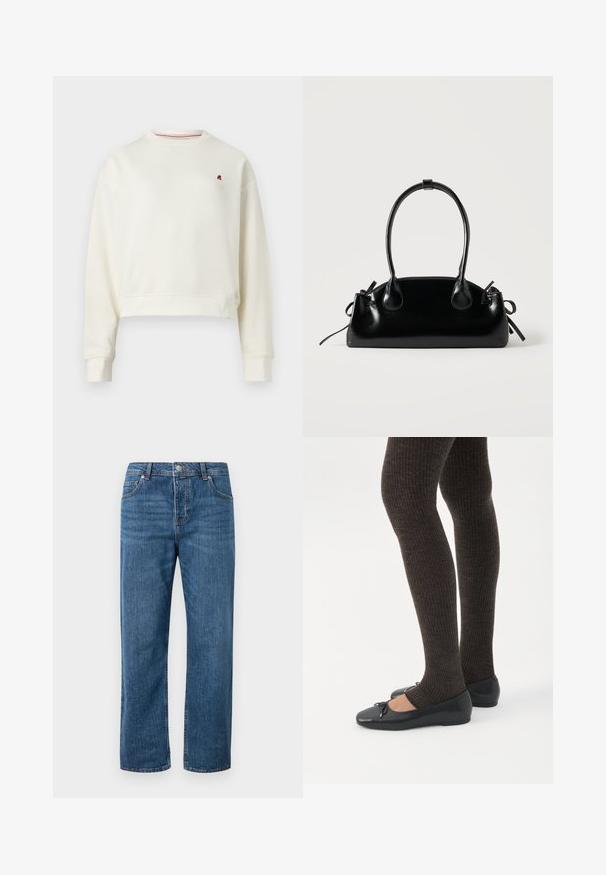 Replay Sweatshirt - natural white; Jean en denim bleu avec une coupe droite et une taille haute. Les caractéristiques incluent des poches avant, une fermeture à bouton et des détails de couture subtils.; Jambes portant des leggings côtelés foncés associés à des ballerines noires avec de petits détails en nœud sur fond blanc.; Petit sac à main noir brillant avec deux longues anses et des détails à cordon sur les côtés sur un fond clair uni.
