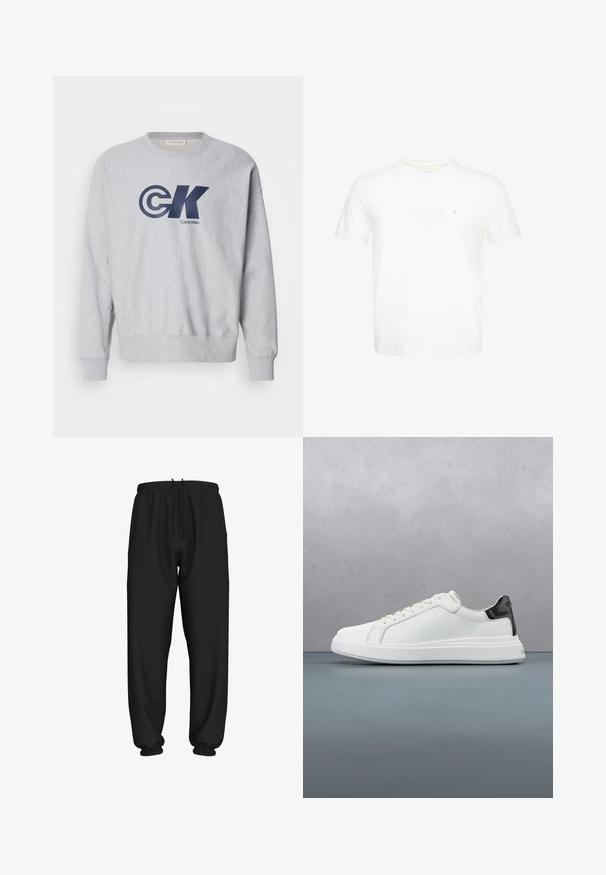 Hall hõbedane puuvillane lühikeste varrukatega särk, millel on suur tumesinine "CK" logo ja "Calvin Klein" tekst. Disaini täiendavad soonikkoes mansetid ja äär.; Valge lühikeste varrukatega ümara kaelusega t-särk väikese tikitud "ck" logoga vasakul rinnal.; Mustad lahtised dressipüksid elastse vöökoha ja mansettidega, kohandatava nööriga vöökohal.; Valge tennisekets sileda nahkpealise ja kontrastse musta kandatükiga. Omab laminaadist paelu ja tekstureeritud kummist talla.