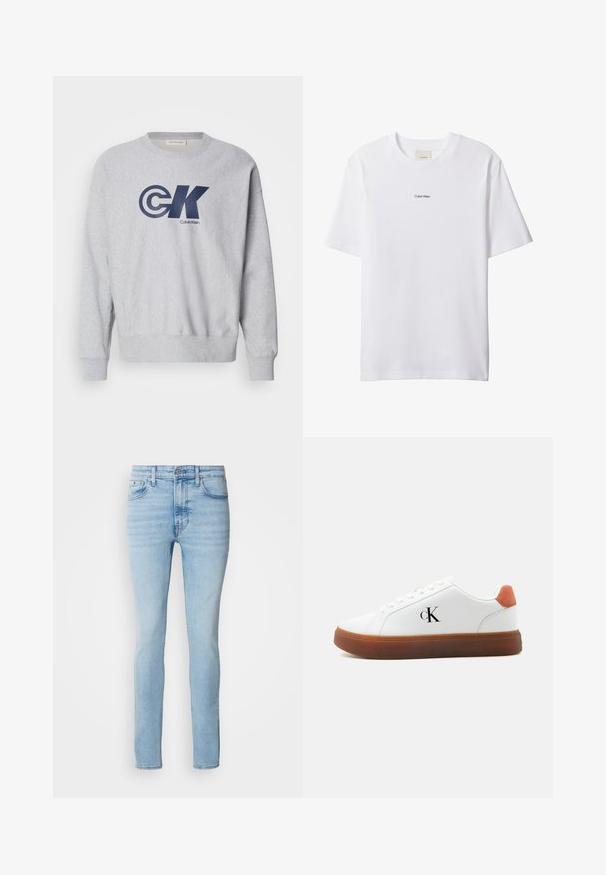 Harmaa puuvillainen crewneck-huppari, jossa on iso tummansininen "CK"-logo ja "Calvin Klein" -teksti. Ribbed hihansuut ja helma täydentävät muotoilua.; Valkoinen puuvillainen t-paita pyöreällä pääntiellä ja lyhyillä hihoilla. Edessä keskellä pieni musta "Calvin Klein" -logo.; Calvin Klein Jeans Skinny-Farkut - arrow stone; Valkoinen matalavartinen tennari, jossa ruskea pohja, oranssi kantalenkki, nauhat ja "cK"-logo sivulla.