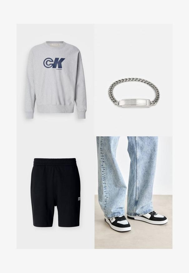 Harmaa puuvillainen crewneck-huppari, jossa on iso tummansininen "CK"-logo ja "Calvin Klein" -teksti. Ribbed hihansuut ja helma täydentävät muotoilua.; Mustat rento housut, joissa on joustava vyötärönauha ja pieni logopläkki oikeassa reidessä, esillä yksinkertaista vaaleaa taustaa vasten.; Mustat ja valkoiset lenkkarit, joissa on mokka- ja verkkomateriaaleja. Alas oleva design, jossa on pehmustettu kaulus ja litteä kumipohja, yhdistettynä vaaleansinisiin farkkuihin.; Häntämetalliketjua hopeassa, jossa on litteä, kiillotettu suorakulmainen keskipala, johon on kaiverrettu "Calvin Klein". Ominaisuutena on teksturoitu, toisiinsa kytkeytyvä ketjumuotoilu.