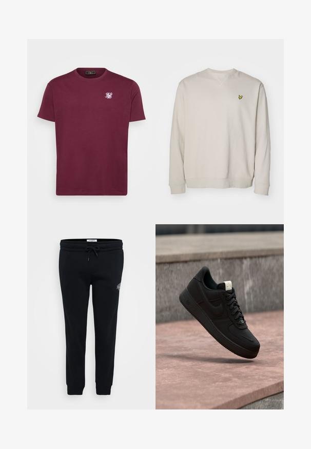 Lys beige sweatshirt med lange ærmer, rund hals og et lille gult broderet logo på venstre bryst. Lavet af blødt stof.; Bordeaux bomulds T-shirt med rund hals, korte ærmer og et lille hvidt logo på venstre bryst. Glat tekstur og klassisk pasform.; Sorte sweatpants lavet af blødt stof, med elastisk talje, snor, sidelommer og en lille logo detalje på hoften.; Sort Nike Air Force 1 sneaker, der svæver over en lyserød betonforkant med en grå stenet baggrund, som viser sidde- og topdetaljer.