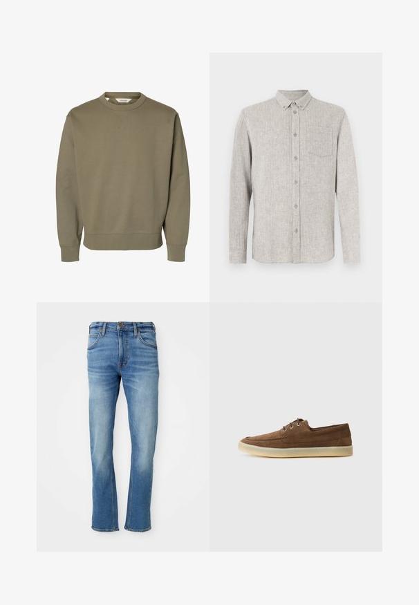 Sudadera lisa de color verde oliva con cuello redondo, mangas largas y puños y bajo acanalados.; Camisa gris clara con botones, confeccionada en tela texturizada, que cuenta con cuello, mangas largas y un bolsillo en el pecho.; Jeans de mezclilla de color azul claro con corte recto, que presentan un diseño clásico de cinco bolsillos, un sutil desgaste en la tela y detalles de costura en contraste.; Zapatos de ante marrón con un diseño de perfil bajo, con cordones, suela de goma y detalles de costura en contraste. Estilo simple y funcional.